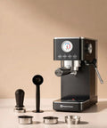 Slick No Fuss Espresso Machine With Built In Milk Frother And 20 Bar Italian Pump For Fast One Touch Shots At Home with accessories.