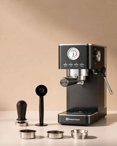 Slick No Fuss Espresso Machine With Built In Milk Frother And 20 Bar Italian Pump For Fast One Touch Shots At Home with accessories.