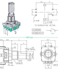 Technical drawing and diagram of Ultimate 5 Pack EC11 Rotary Encoders With Push Button 360 Degree Turn, 5 Pins, Knob Caps