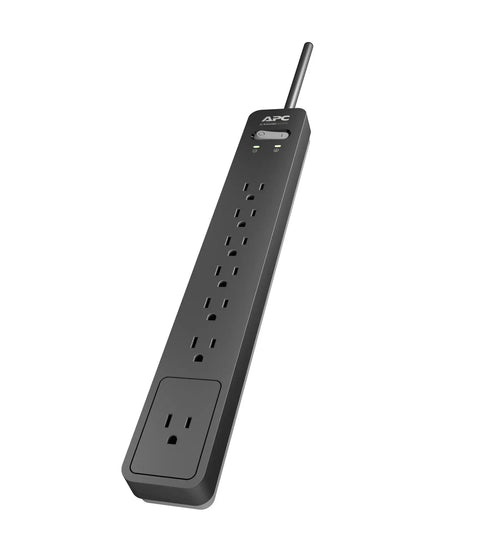 Rock Solid 1440 Joule Surge Protector Power Strip Featuring Seven Ample Outlets And A Six Foot Flat Plug Cord with three-prong outlets