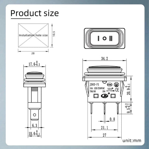 Technical diagram of Beefy Dual Pack 30A SPDT KCD3 Waterproof Rocker Switch 125V 250V AC On Off On 3 Pins 3 Position Toggle
