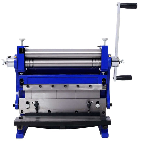 Front view of All In One 12 Inch Sheet Metal Brake Shear And Slip Roll Heavy Duty Steel Machine for cutting and rolling.