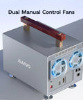 Slick 4 Bay Raid Enclosure For 2.5 And 3.5 Inch Sata Hdd And Ssd Drives showing dual manual control fans with a wood handle.