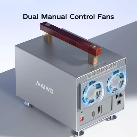 Slick 4 Bay Raid Enclosure For 2.5 And 3.5 Inch Sata Hdd And Ssd Drives showing dual manual control fans with a wood handle.