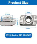 Diagram showing dimensions of 100 Pcs 2020 Series Sliding T Slot Nuts M3 Carbon Steel Fasteners for 20 Series Aluminum Profile