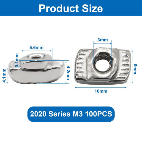 Diagram showing dimensions of 100 Pcs 2020 Series Sliding T Slot Nuts M3 Carbon Steel Fasteners for 20 Series Aluminum Profile