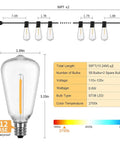 Diagram of 100 Foot LED Outdoor String Lights With 52 Shatterproof Vintage Edison Bulbs, showing dimensions and specifications