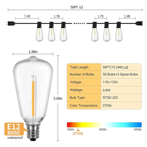 Diagram of 100 Foot LED Outdoor String Lights With 52 Shatterproof Vintage Edison Bulbs, showing dimensions and specifications
