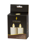 Outdoor Flameless LED Votive Candle Set of 2, Ivory 1.5 x 4 Inches, Moving Flame, Battery Operated, Timer, packaging view