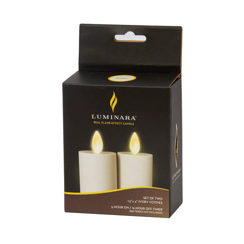Outdoor Flameless LED Votive Candle Set of 2, Ivory 1.5 x 4 Inches, Moving Flame, Battery Operated, Timer, packaging view