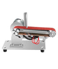 Compact Electric Mini Belt Sander Bench Polisher With Adjustable Speed For Metal Woodwork with a red sanding belt.