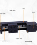 Heavy Duty 200Mm Stroke Xyz Linear Stage Actuator Featuring Single Rail Design And Tough Metal Frame For Cnc Milling with labeled components.