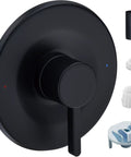 Shower and tub trim kit in matte black with round escutcheon and lever handle; includes white adapters.