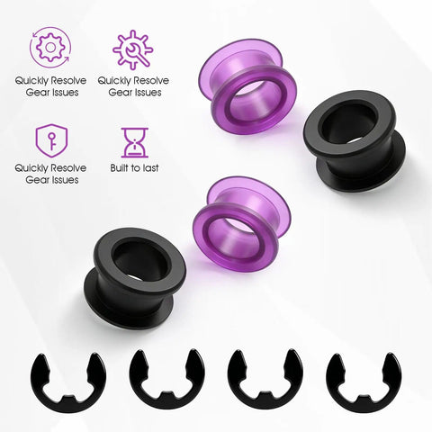 Universal Shift Linkage Bushing And Clip Kit; purple and black bushings with black clips for Toyota, Jeep, Chevrolet, Saturn, Pontiac.