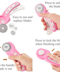 45mm Rotary Cutter With Five Extra SKS7 Stainless Steel Blades, Ergonomic Pink Handle, demonstrating safety features and blade installation for fabric and leather crafting.