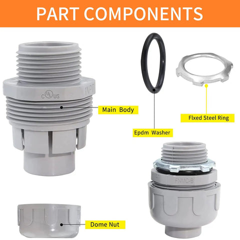 Components of Three Quarter Inch Liquid Tight PVC Conduit Fittings Kit With 200 Piece Straight And 180 Degree Flexible Conduit Connector Set