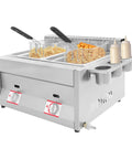 Heavy Duty Commercial Double Tank Countertop Gas Deep Fryer, Top Shelf Stainless Steel with baskets and condiment bottles.