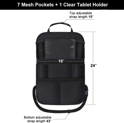 Backseat Car Organizer With 8 Large Pockets And Tablet Holder For Kids And Toddlers Keeps Snacks Toys Diapers And Devices Within Reach Road Trip Must Have For A Clean Tidy Car Easy Install shown with measurements