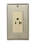 Top Notch Copper Free Aluminum Surface Mount Electrical Receptacle Accepts 15 Or 20 Amp Plugs Rated At 125V AC on gray wall.