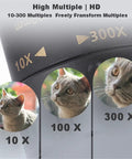 Close-up of 4K 10-300X40mm Monocular Telescope with 10x to 300x magnification, showing a cat image through different zoom levels.