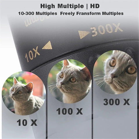 Close-up of 4K 10-300X40mm Monocular Telescope with 10x to 300x magnification, showing a cat image through different zoom levels.