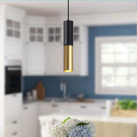 Get These Cool Black And Gold Modern Pendant Lights With Adjustable Cords Cylinder Design Perfect For Kitchen Island Dining Bedroom Living Room Vibes hanging in a kitchen