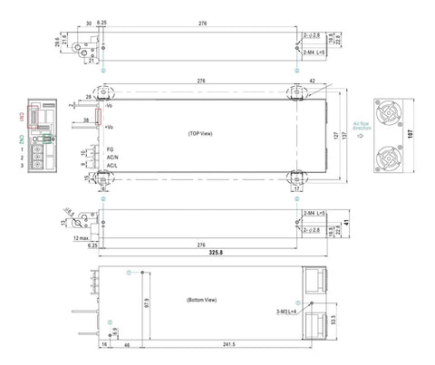 Dimensions diagram of Built Tough Industrial Switching Power Supply With Short Circuit And Overload Protection for Heavy Machinery.