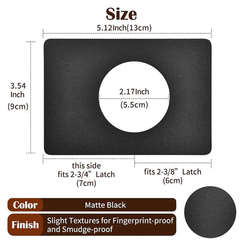 Diagram of Matte Black Door Lock Reinforcement Backplate Kit 4-Piece with dimensions and matte black color