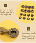Leather Snap Fasteners Kit With 50 Sets 10mm Bronze Metal Snaps And 4 Installation Tools for Sewing, shown in close-up view.