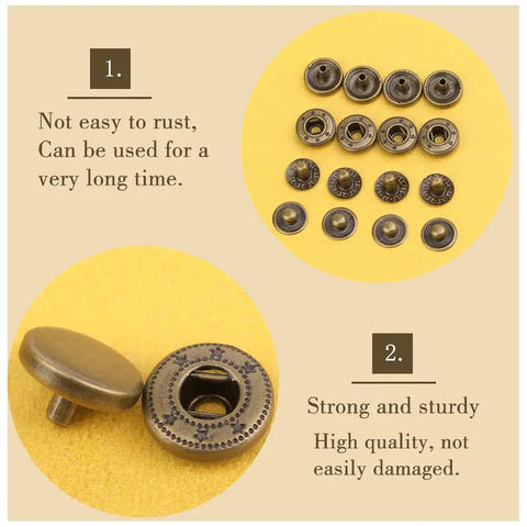 Leather Snap Fasteners Kit With 50 Sets 10mm Bronze Metal Snaps And 4 Installation Tools for Sewing, shown in close-up view.
