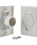 White central vacuum wall plate inlet valve cover; round door, front and back views, 2-pack with screws.