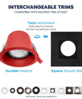 12-Pack 4 Inch Square LED Recessed Lights J Box 1000 Lumens 5CCT Fire Rated Wet Rated Dimmable Black Trim ETL 5CCT Swings Warm To Cool Fast showing interchangeable trim options in red and black.
