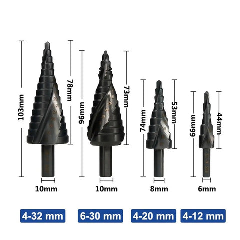 Versatile Step Drill Bit Set That Cuts Like Butter Made From Premium HSS Cobalt Steel To Punch Clean Holes In Metal Wood Or Plastic With One Cone Tool For Serious DIYers And Pros Who Need Precision And Durability Every Time On The Job. 4-32mm, 6-30mm, 4-20mm, 4-12mm step bits