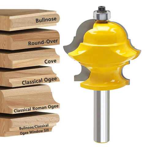 Top Shelf Half Inch Shank Adjustable Multi Profile Molding Router Bit For Woodworkers with multiple wood profiles shown.
