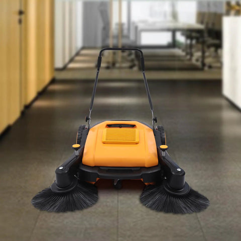 Industrial Push Broom Walker With Dual Steel Handles And Roomy Hopper slays leaves and debris on concrete driveways with efficient cleanup.
