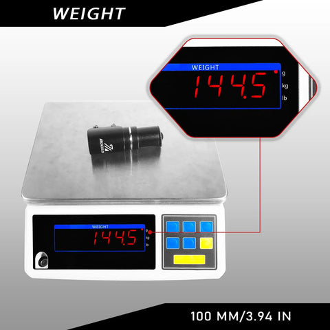 Beefy 100mm Bike Stem Riser Extender on scale reading 144.5g, shown with display for 1 1/8 inch forks 28.6mm aluminum handlebar adapter.