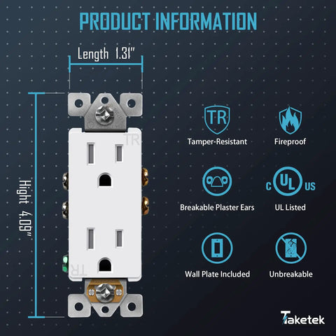 Decorator Receptacle Outlet With Wall Plate Tamper Resistant 15A 125V Residential Grade Self Grounding 2 Pole 3 Wire UL Listed White