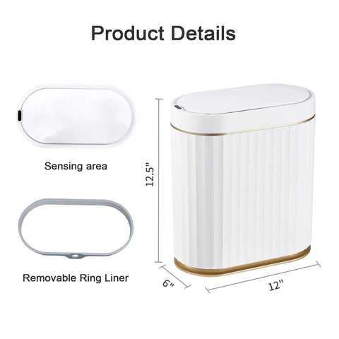 Product details of Hands Free Sensor Trash Can With Lid 2 Gallon Automatic Motion Activated Garbage Bin Waterproof IPX5 For Bathroom Bedroom Kitchen Office White Gold Slim Compact Design For Small Spaces