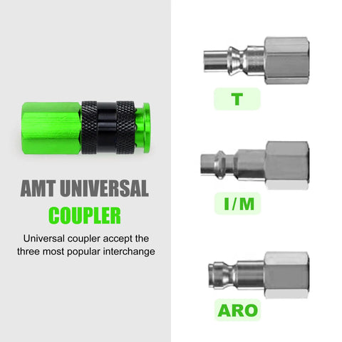 Heavy Duty Aluminum Air Coupler And Plug Kit 25-Piece Quick Connect Fittings With Leak-Proof Sealant And Teflon Tape, green AMT universal coupler and three plug types