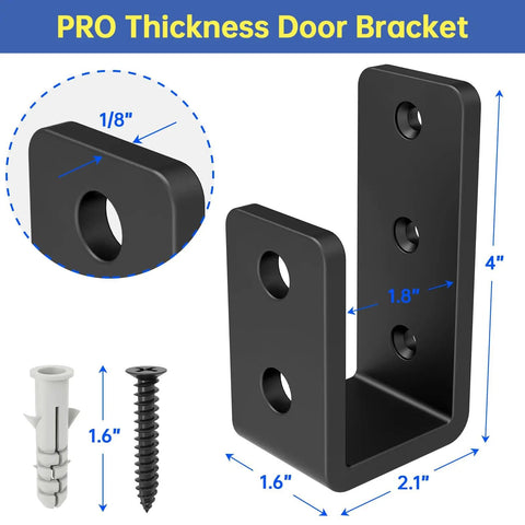 Beefy U Shaped Door Barricade Brackets For 2x4 Wood Reinforcement Industrial Grade Steel Security Brackets For Doors Gates Sheds Basements Black 3mm Heavy shown with installation screws and size dimensions.