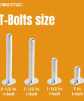 Four silver T-bolts of varying sizes displayed against an orange background, with 3-1/2, 2-1/2, 1-1/2, and 1 inch labels.