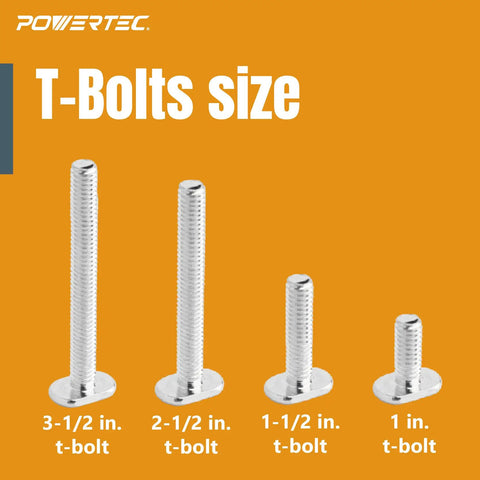 Four silver T-bolts of varying sizes displayed against an orange background, with 3-1/2, 2-1/2, 1-1/2, and 1 inch labels.