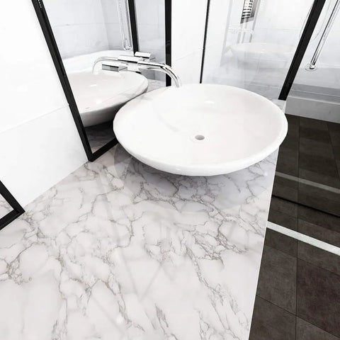 Gray White Faux Marble Contact Paper Peel And Stick Vinyl For Countertops displayed in modern bathroom setting