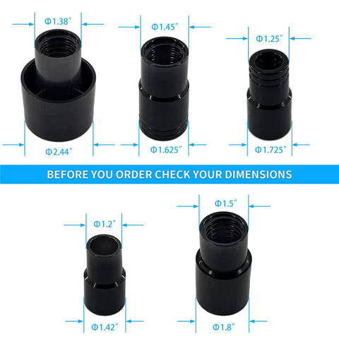 12 Foot Dust Collection Vacuum Hose Kit With Five Fittings For Woodworking dimensions and fittings shown for compatibility.