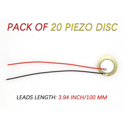 Pack Of 20 20mm Piezo Discs Transducers With 3.94 Inch Leads For Drum Triggers And Acoustic Piezo Pickup, shown with lead wires