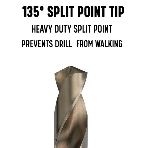 Cobalt Drill Bit With Seven Eighths Inch Reduced Shank And Half Inch Shank, DWDCO Series, showing 135° split point tip.