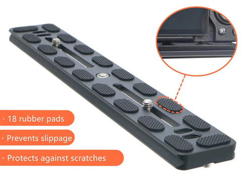 Universal 300mm Lengthened Quick Release Plate Slide Rail with D Ring Screw, showing rubber pads preventing slippage, Arca Swiss compatible