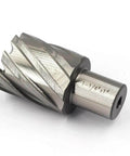 Side view of steel annular cutter with Weldon shank; 3/4 in shank, 1-1/4 in cutting diameter