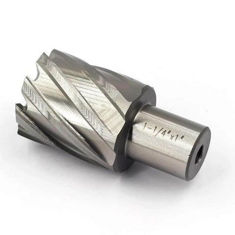 Side view of steel annular cutter with Weldon shank; 3/4 in shank, 1-1/4 in cutting diameter