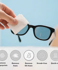 Streak-Free Lens Cleaning Wipes for eyeglasses and screens; individually wrapped, quick-dry, safe for anti-glare coatings.